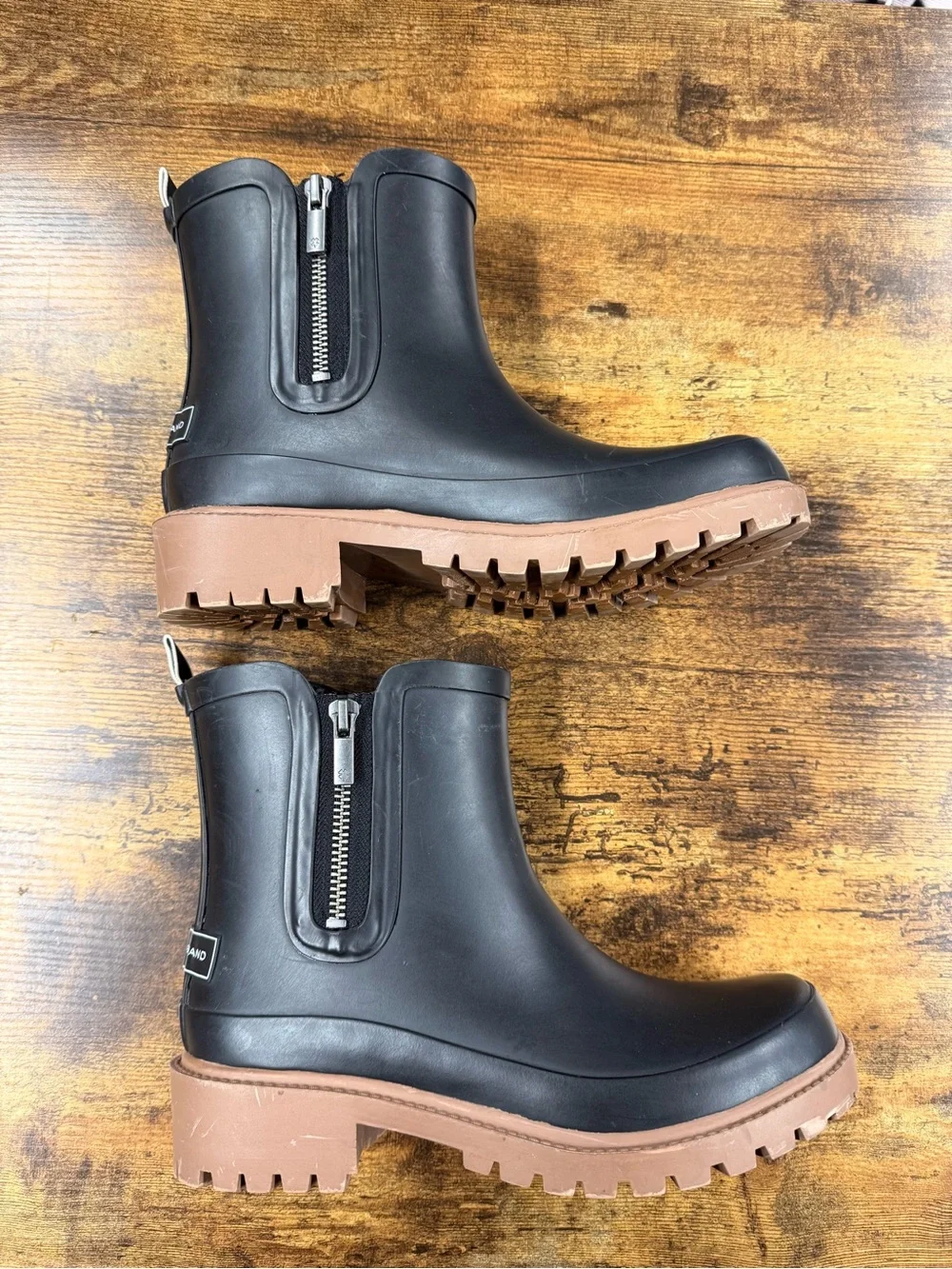 Lucky Brand Black Rain Boots with Brown Sole